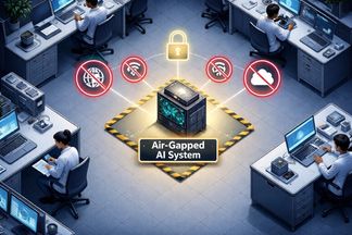 An isometric view of a secure room. Engineers work at separate workstations around a single unit that stands inside a marked boundary in the centre. Links to the internet, to wireless, to a radio signal and to the cloud are each struck through, and a padlock sits above the unit.